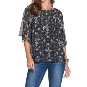 Cowgirl Hardware Women Small Black White Bandana Print 3/4 Bell Sleeves Top NWT